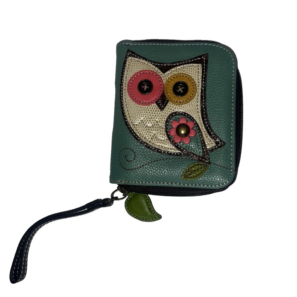 Chala Owl Teal Zip Around Wallet Wristlet Faux Leather Bird Theme Organizer